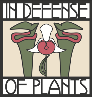 The logo of the podcast "In Defense of Plants". The logo is an artistic rendering of two pitcher plants with an orchid in the middle. The words "In Defense" are at the top and "Of Plants" is at the bottom.